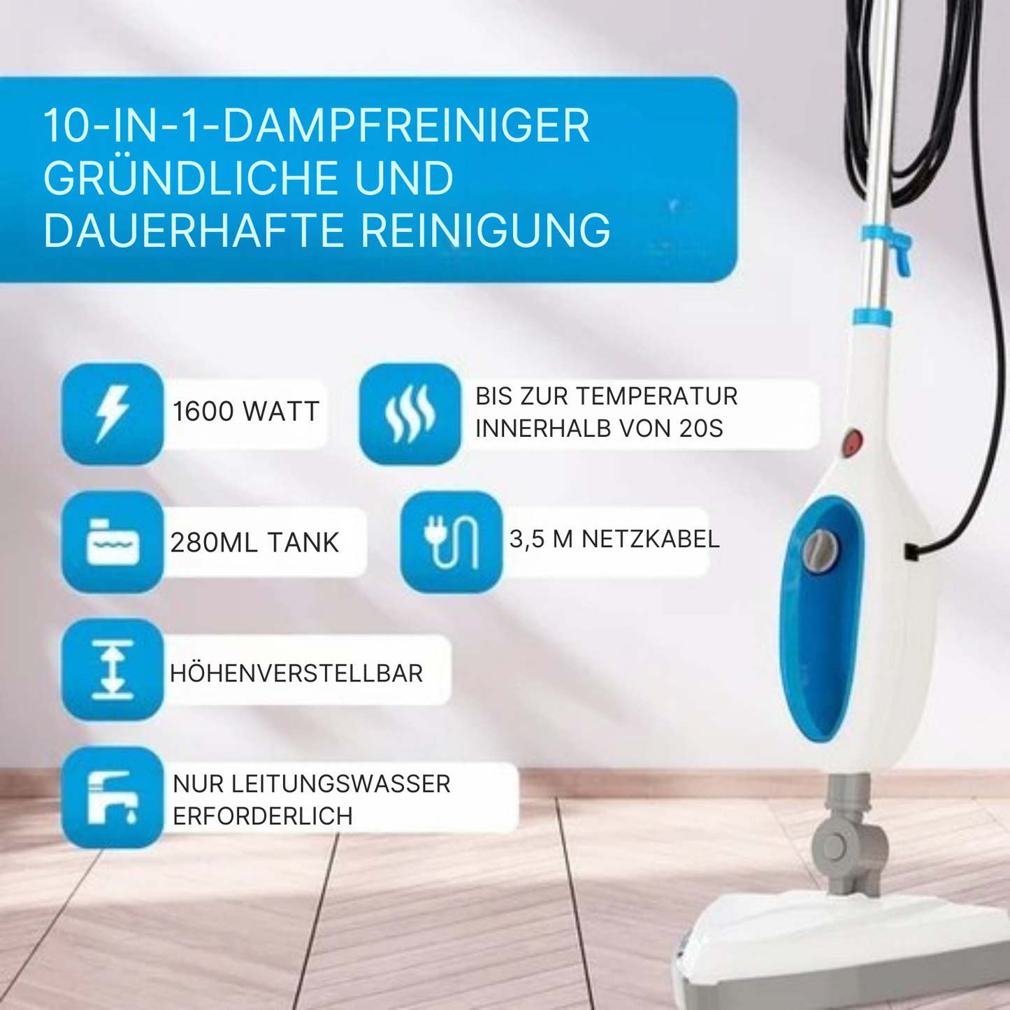 Strex - 12 in 1 Dampfreiniger/ Teppichreiniger/ Fleckenreiniger - entfernt 99,9% der Bakterien - 1200W - 350ml - Weiß