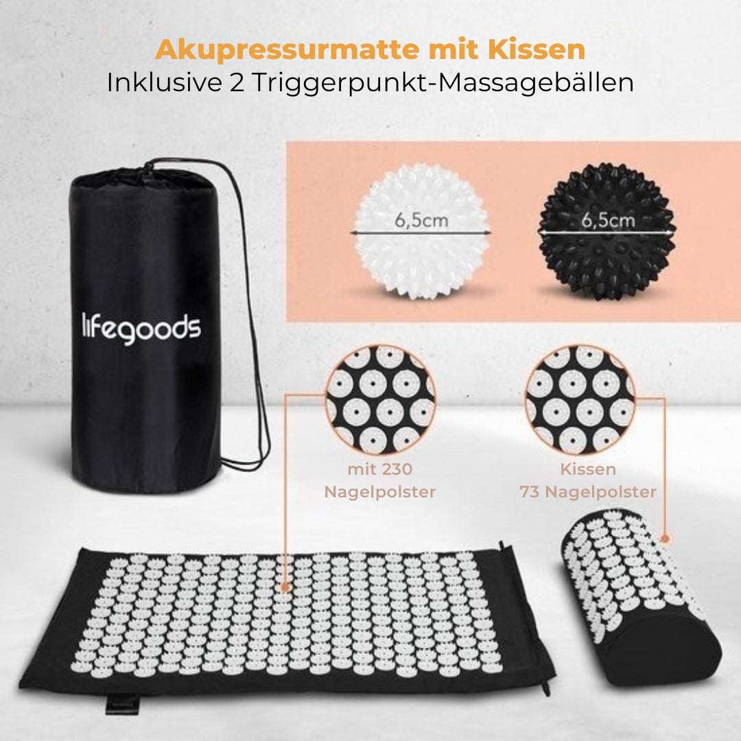 LifeGoods Akupressurmatte - Mit Kissen - Shakti Matte - Inkl. 2x Triggerpunkt Ball - 66x40x2cm - Schwarz/Weiß