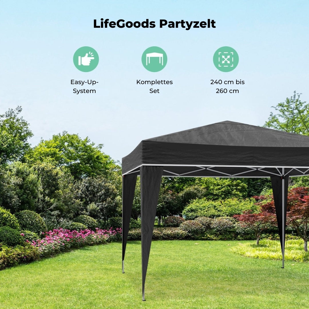 LifeGoods Partyzelt Pavillon - 3x3 m - Einfacher Aufbau - Zusammenklappbar - Wasserdicht - Mit Tragetasche - Schwarz