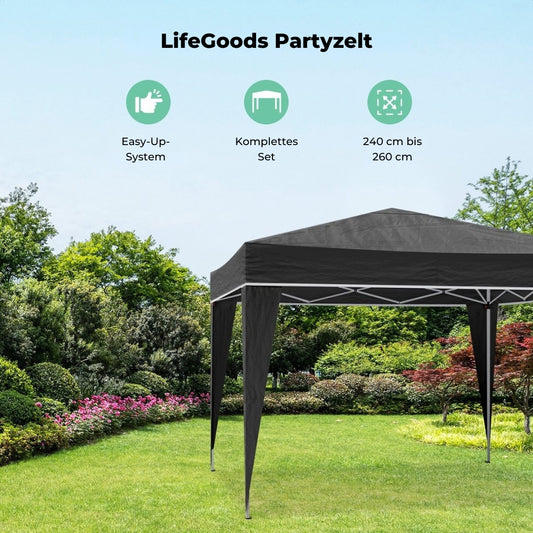 LifeGoods Partyzelt Pavillon - 3x3 m - Einfacher Aufbau - Zusammenklappbar - Wasserdicht - Mit Tragetasche - Schwarz