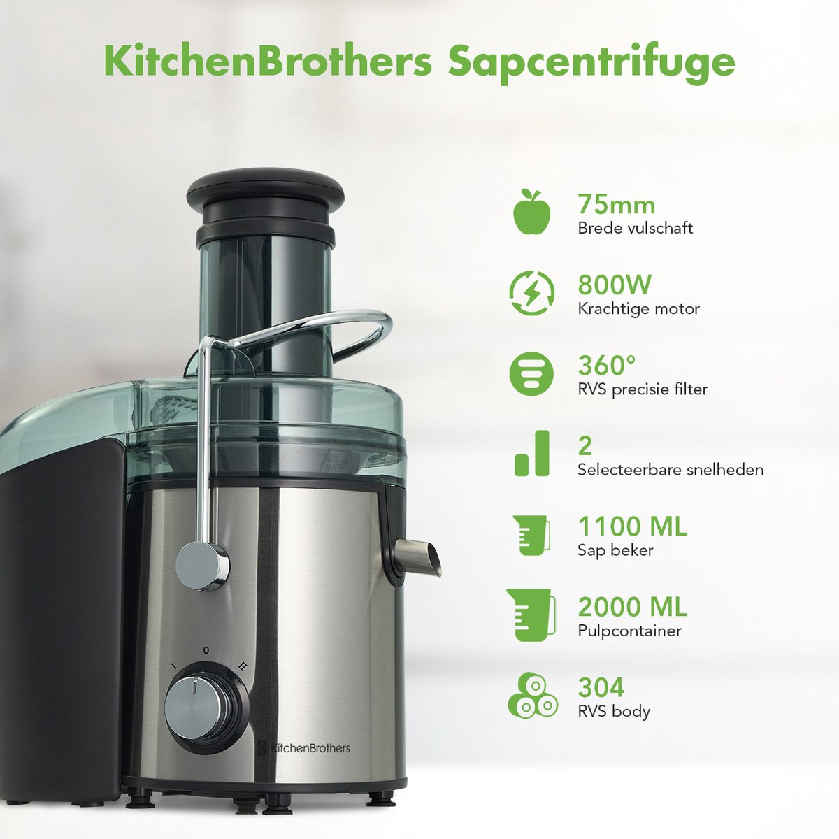 KitchenBrothers Saftpresse - Für Gemüse und Obst - 1100 ml - 800W - Schwarz