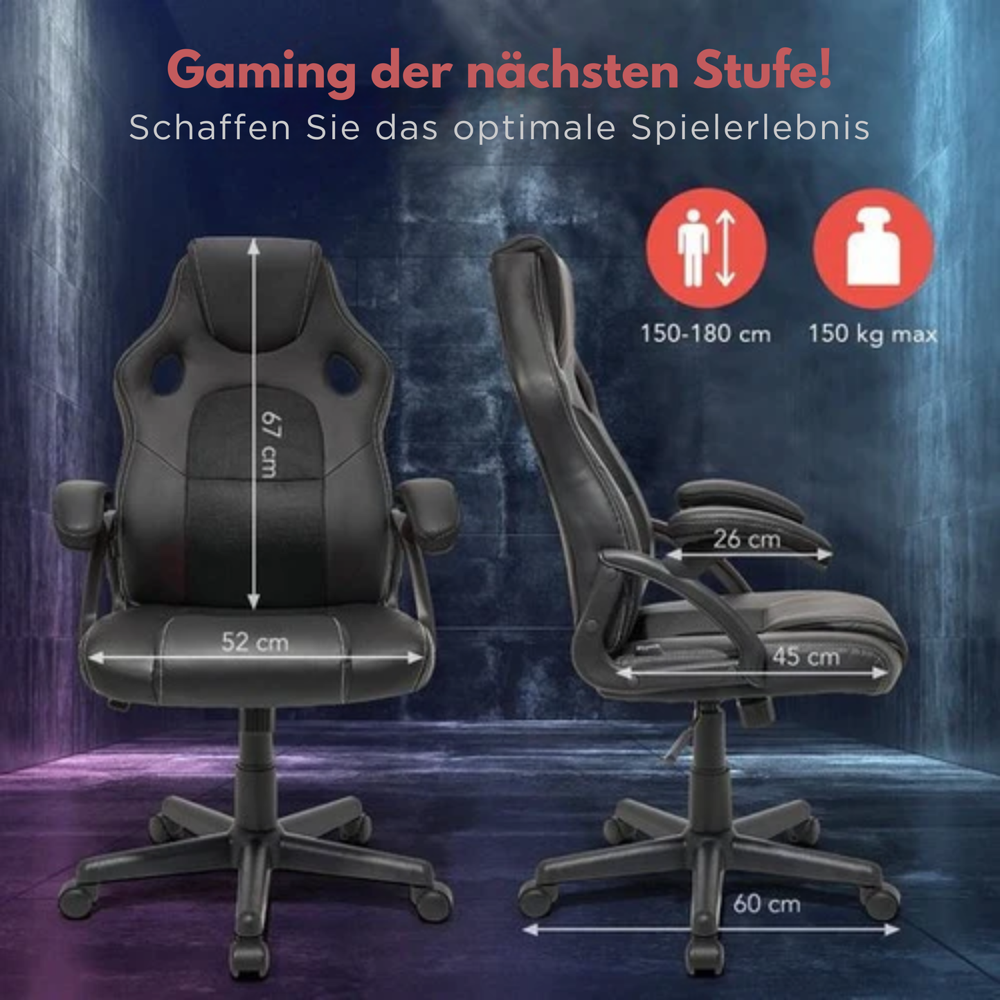 LifeGoods Gaming Stuhl - Einstellbar - Kunstleder - Schwarz