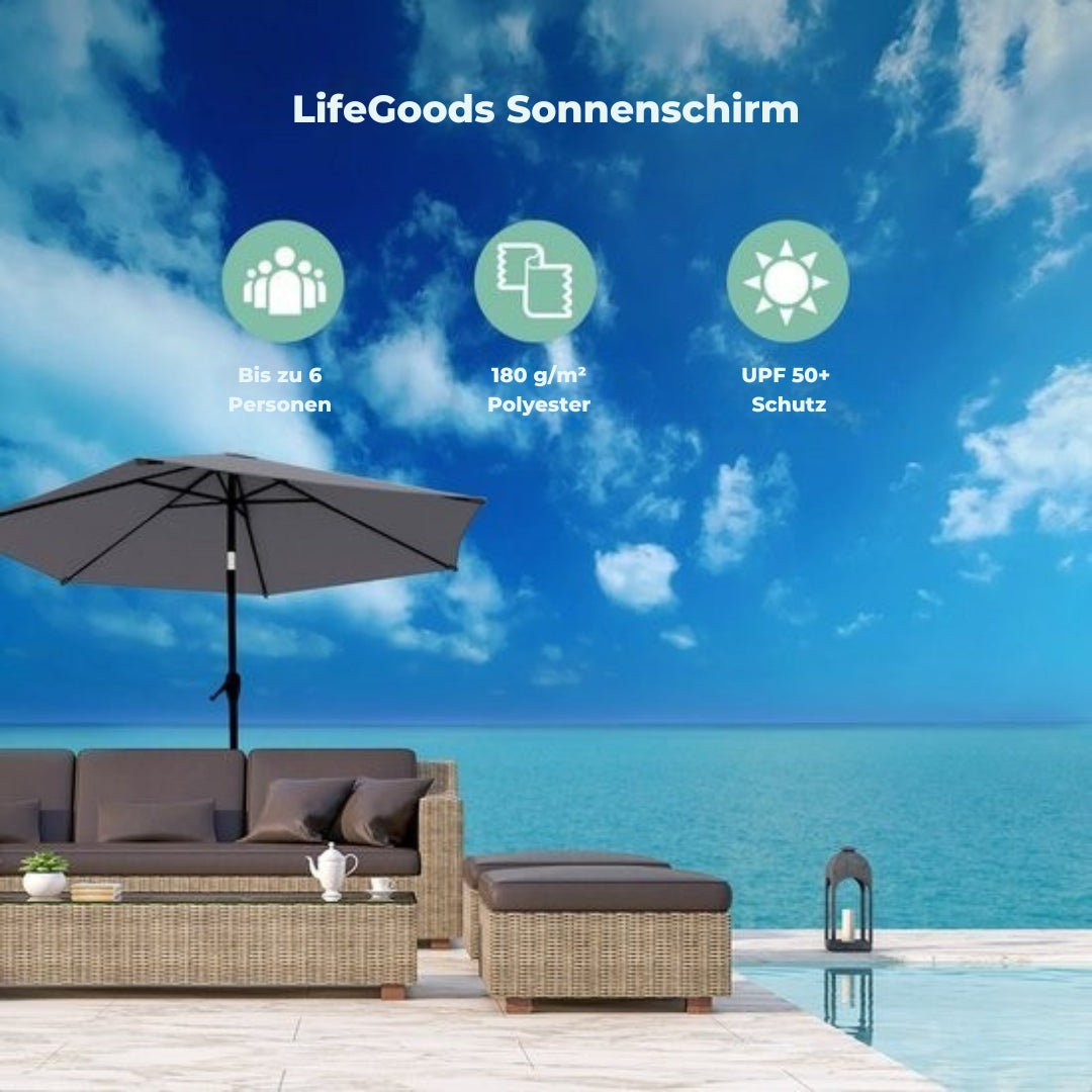LifeGoods Sonnenschirm - 270 cm - 30° neigbar - Wasserdicht - Mit Bezug - Dunkelgrau