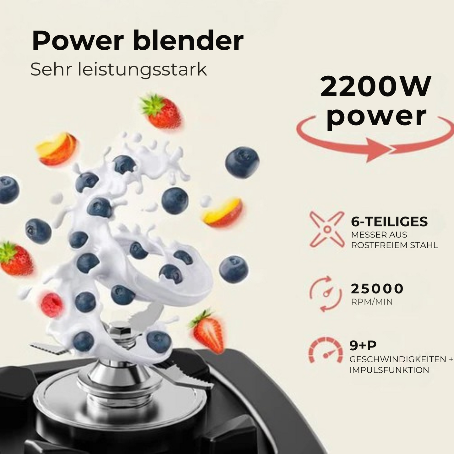 VAIVE - Power Blender Pro - 2L - 2200W - 9 Geschwindigkeiten - Schwarz