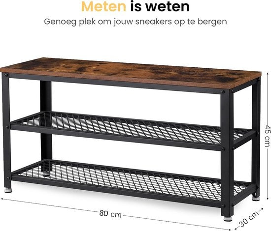 Goliving Schuhablage - Schuhbank - Flurbank - Industrial - 30 x 80 x 45 cm - Metall - Braunes Holz