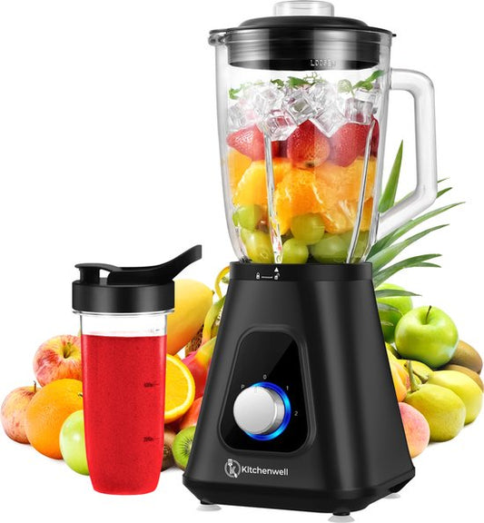 Kitchenwell Mixer - Leistungsstarker 1300 Watt Smoothie Mixer - 1,5 Liter - Glaskrug - 3 Ständer - Inklusive Sportbecher - Edelstahl/Schwarz
