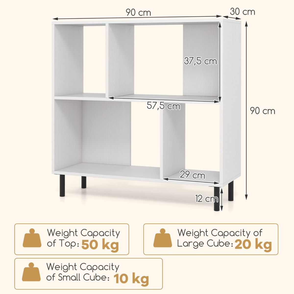 Coast 4-Cube Bücherregal 90 x 30 x 90 cm Weiß - 2-stufiges Regal mit Metallbeinen für Büro und Zuhause