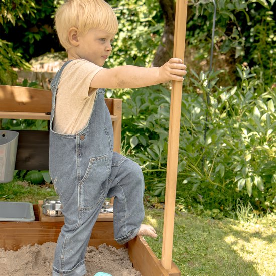AXI Dora Boot Sandkasten mit Spielküche und Dach (UV50) 160 x 100 cm Anthrazit/Braun – Mit Kreidetafel und Stauraum – Inklusive Bodenplane – 10 Jahre Garantie!