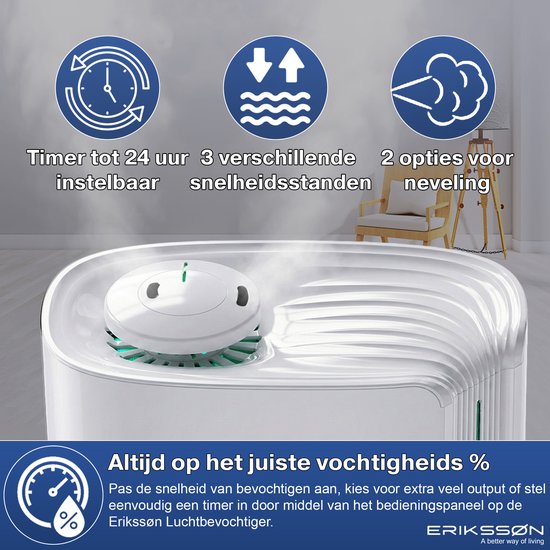 Erikssøn Luftbefeuchter Hydra Comfort - 6 Liter - Geeignet für Wohnzimmer, Büro, Schlafzimmer, Babyzimmer - Mit Aromatherapie - Weiß