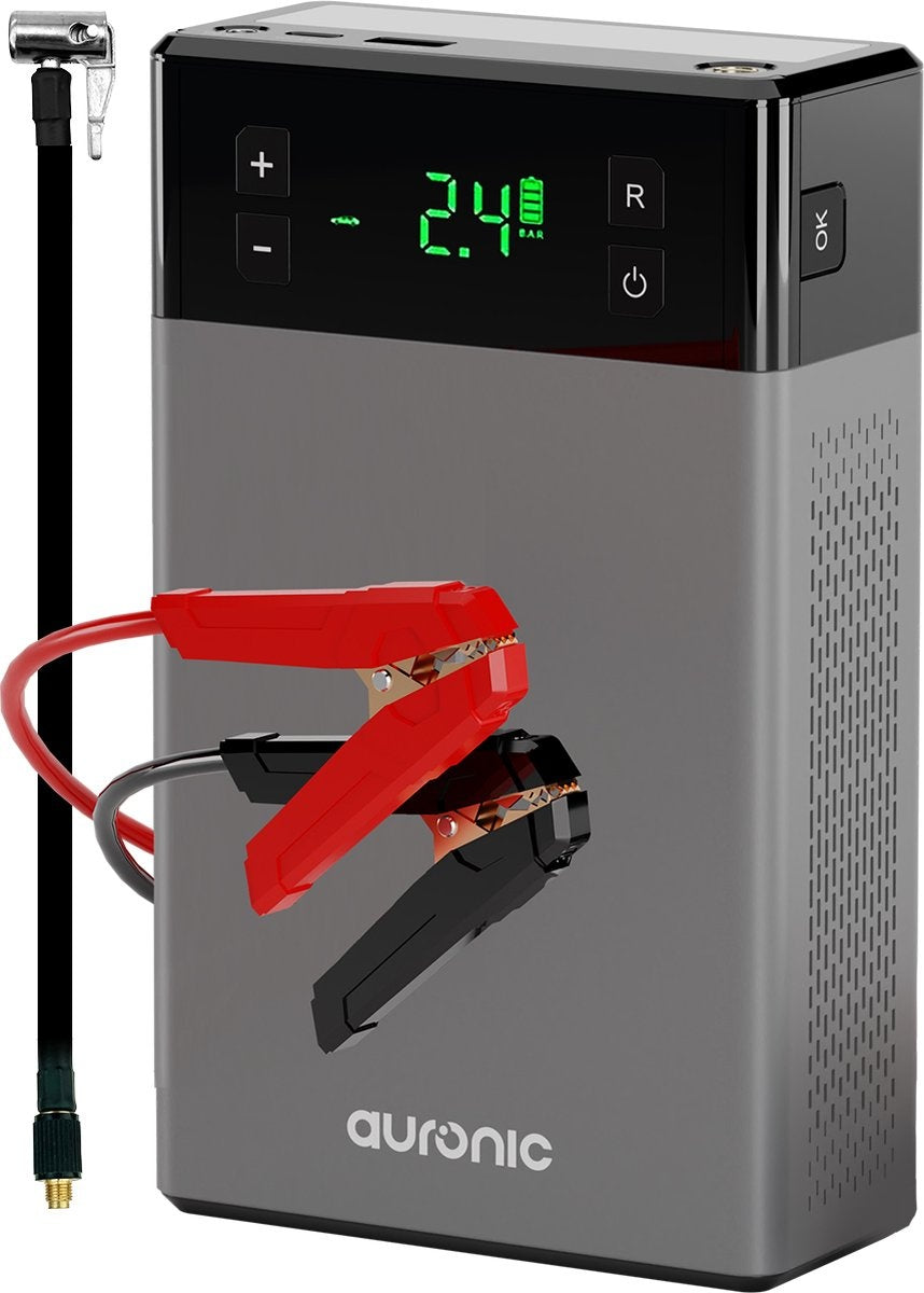 Auronic Jumpstarter - mit Kompressor - 12V - 1200A - 12.000 mAh - 6-in-1 Starthilfe - Inkl. Aufbewahrungstasche & Zubehör - Schwarz/Grau
