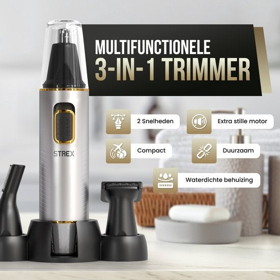 Strex 3 In 1 Nasenhaartrimmer Set - Wiederaufladbar & Waschbar - Nasentrimmer / Ohrentrimmer / Augenbrauentrimmer / Barttrimmer - Männer & Frauen