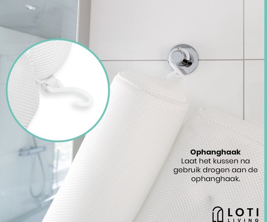 Loti Living Badekissen für die Badewanne - Badekissen - Nackenkissen für die Badewanne - Kopfstütze für die Badewanne - Badekissen mit Saugnäpfen - 6 Saugnäpfe - Ergonomisches Nackenkissen - Anti-Rutsch - Weiß