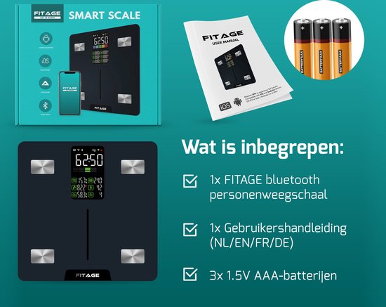 FITAGE - LED-Waage Personenwaage Digital - Intelligente Waage mit 17-facher Körperanalyse - schwarz