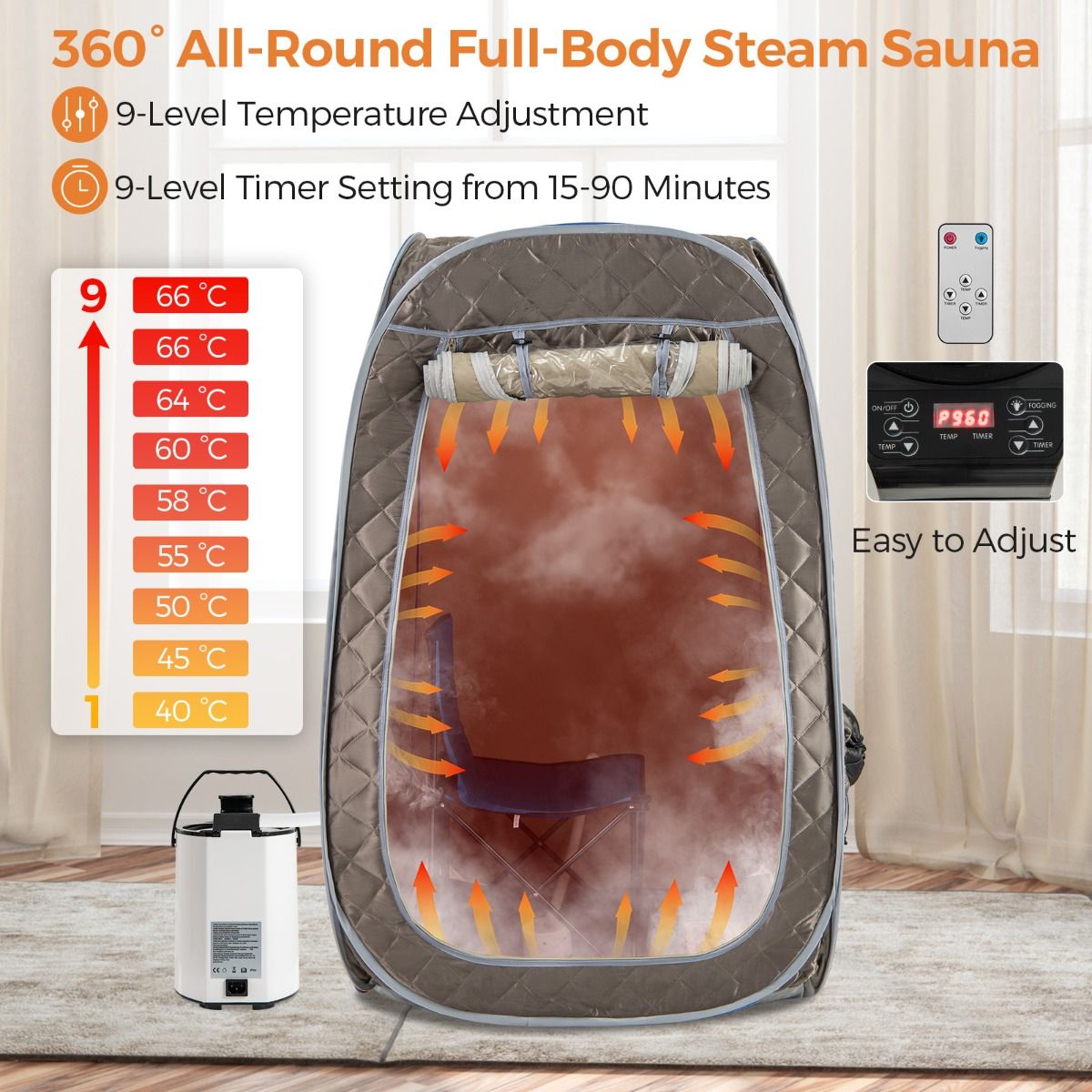 Coast tragbare Dampfsauna – Heimsauna für 1–2 Personen – 3-Liter-Dampferzeuger – Grau 89 x 89 x 149 cm