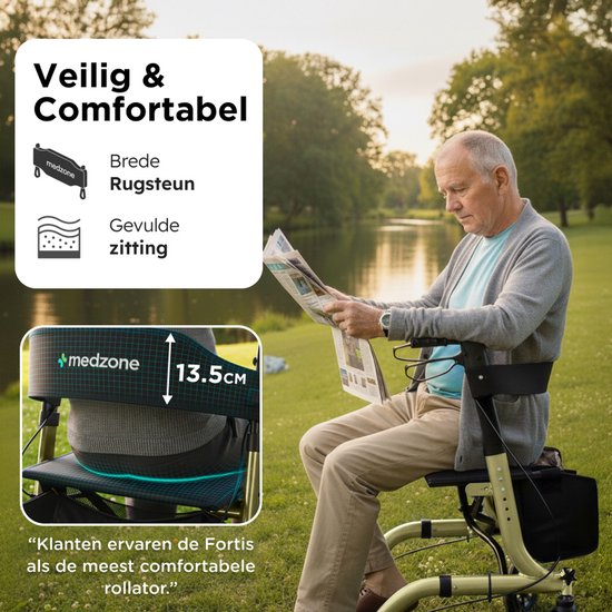 Medzone Rollator leicht und faltbar - Sitzfunktion - für drinnen und draußen - Rückenlehne und Gehstockhalterung - Champagner - Gold