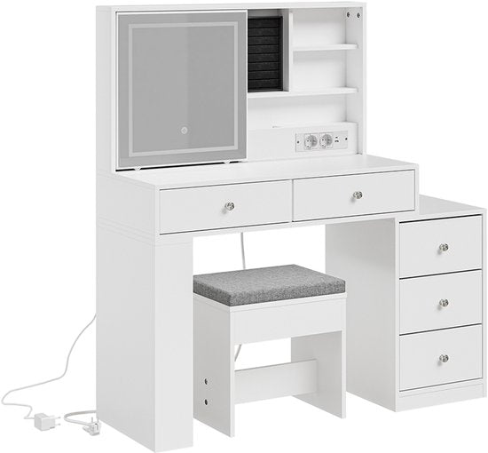 SoBuy Schreibtisch mit LED-Spiegel 120 x 40 x 127 cm – Weiß – 5 Schubladen – 1 Tür