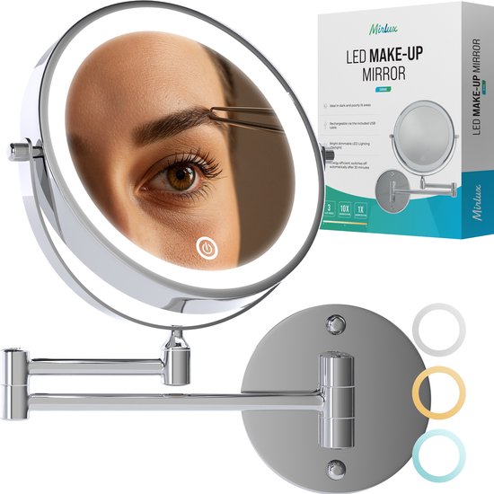 Mirlux Make-up-Spiegel mit LED-Beleuchtung - Wiederaufladbar - 5-fache Vergrößerung - Vergrößerungsspiegel mit Licht - Rasierspiegel - Badezimmerspiegel - Chrom