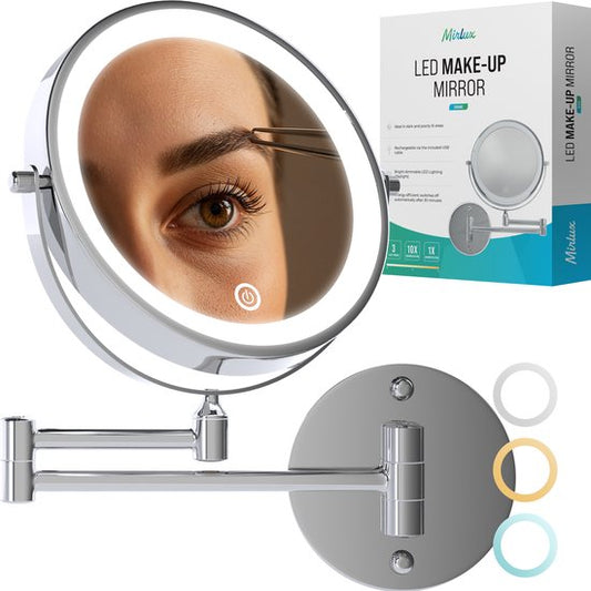 Mirlux Make-up-Spiegel mit LED-Beleuchtung - Wiederaufladbar - 5-fache Vergrößerung - Vergrößerungsspiegel mit Licht - Rasierspiegel - Badezimmerspiegel - Chrom