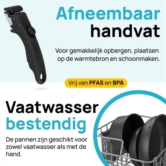 MOA Pfannenset - 5 Teile - Alle Wärmequellen - PFAS frei - Antihaftbeschichtung - Induktionspfannenset - Aluminium - Abnehmbarer Griff - Schwarz - PS501B
