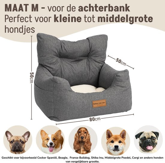 By Cee Cee Autositz Hund - Premium-Autokorb Hund - Hundekorb Auto mit Sicherheitsgurt - Hundesitz - Autositz -All Season - Grau - Größe M - Kleine und mittlere Hunde