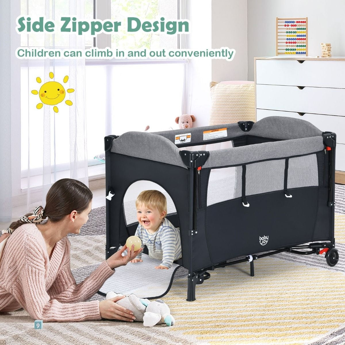 Coast Babybett - 5-in-1 Design - in 4 Höhen - Mobil - 76 x 109 x 83 cm - Schwarz