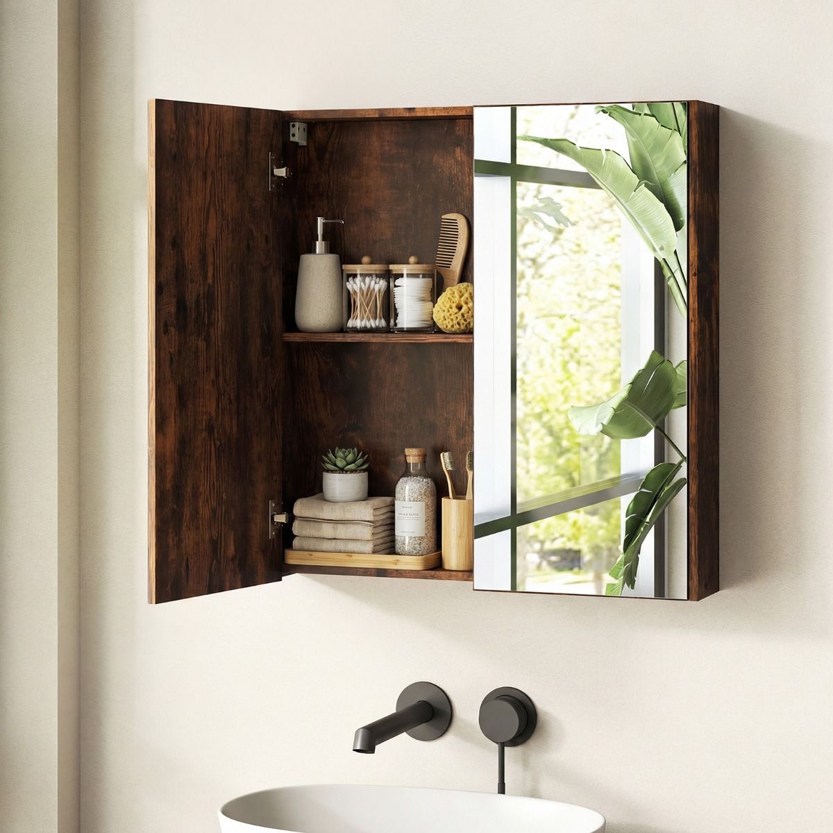 Coast Badezimmerschrank mit Spiegeltüren – großzügiger Stauraum – Wandmontage – weiß/schwarz/rustikales Braun – 62 x 11 x 65 cm