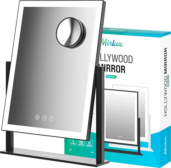 Mirlux Make Up Hollywood Spiegel mit Beleuchtung (44x30cm) Vision - Dimmbare LED-Lampe Licht - Schwarz