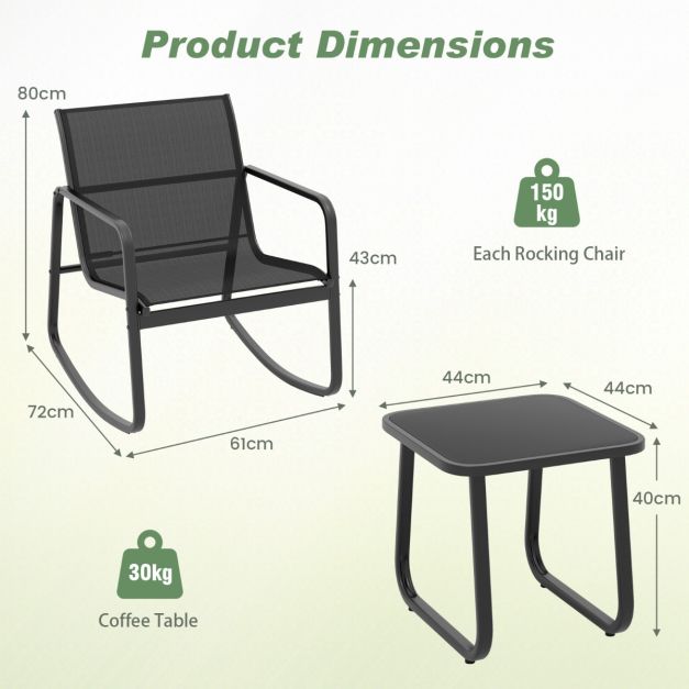 Coast 3-teiliges Schaukelset Balkonset mit 2 Stühlen - 72x61x80 cm - Tisch - 44x44x40 cm - Schwarz - Gartenmöbelset mit sanfter Schaukelbewegung