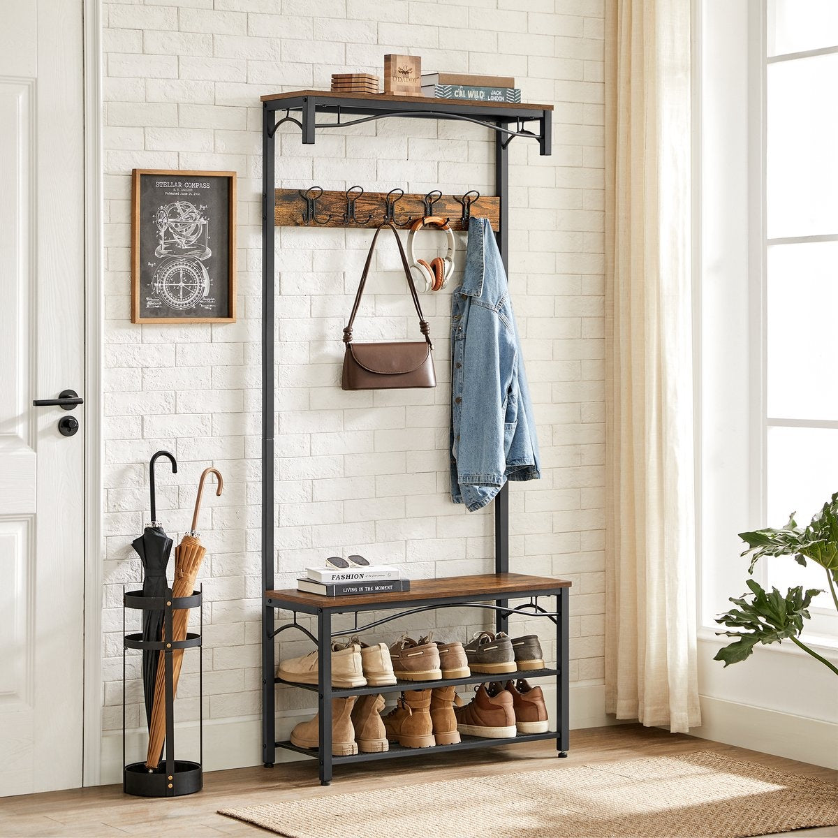 O'DADDYÂ¬Ã† Garderobenständer hochkant - Garderobe mit Schuhablage - 15 Haken 2 Lagen Schuhablage 6 Paar - Garderobe - 80 x 32 x 178,5 cm - braun