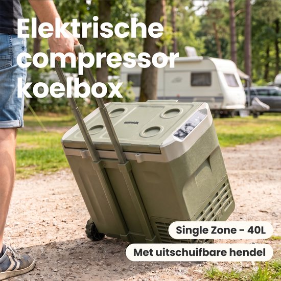 Auronic Electric Cool Box - Kompressor - 40L - 12V und 240 Volt - Camping Kühlschrank - Frigobox Auto - Mit Rädern und Griff - Grün