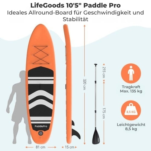 LifeGoods SUP Board - Aufblasbares Paddle Board - Komplettset - Max. 135KG - 320x81cm - Orange
