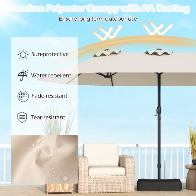 Coast Doppel-Terrassenschirm 470 × 285 cm mit Fuß – Großer rechteckiger Sonnenschirm mit Kurbel, 12 Metallstreben und Sandsäcken – für Garten und Terrasse