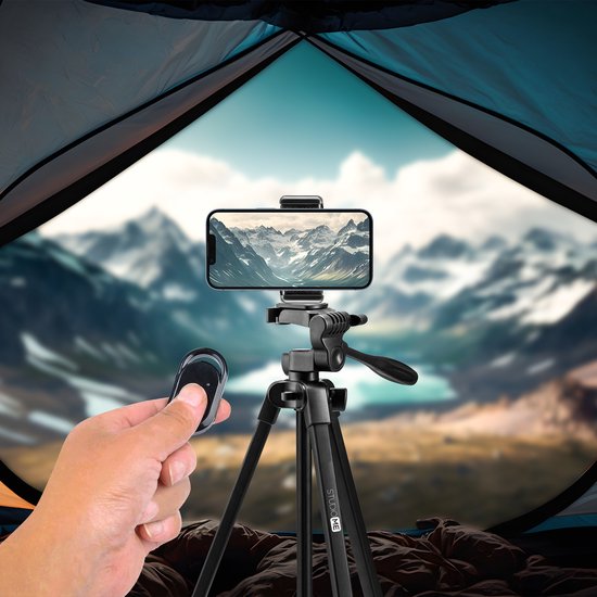 Studio ME Telefonstativ - 136 cm - Stativ Smartphone - Schwarz - Kamerastativ - Telefonhalterung - Inkl. Bluetooth-Fernbedienung - Stativ Telefon