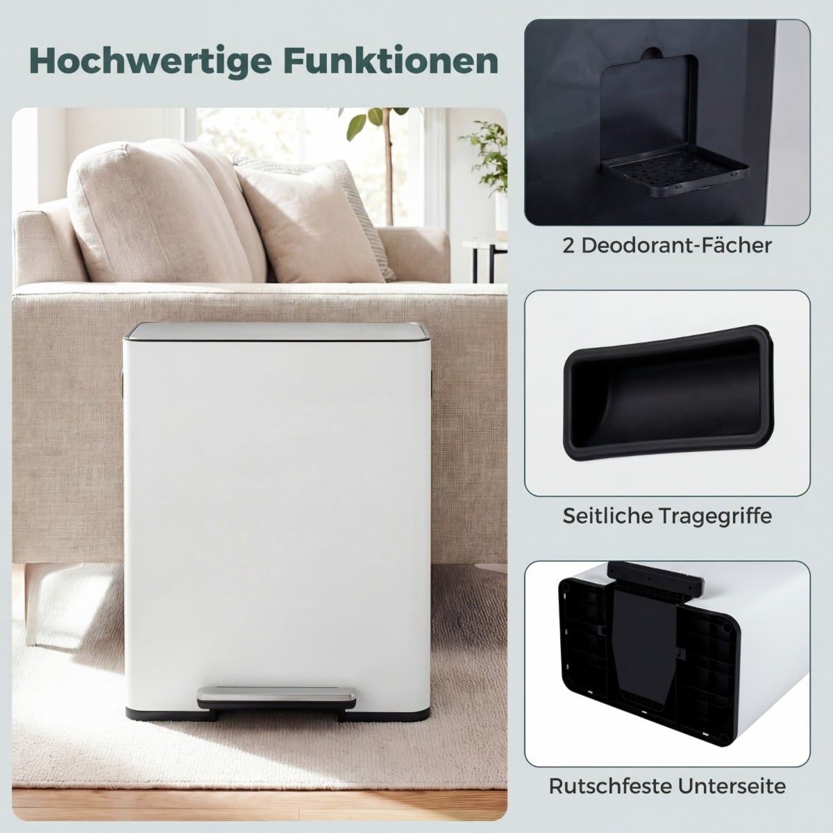 Coast Mülleimer mit Pedal – 2 Fächer – Soft-Close-Deckel – 60 Liter – weiß