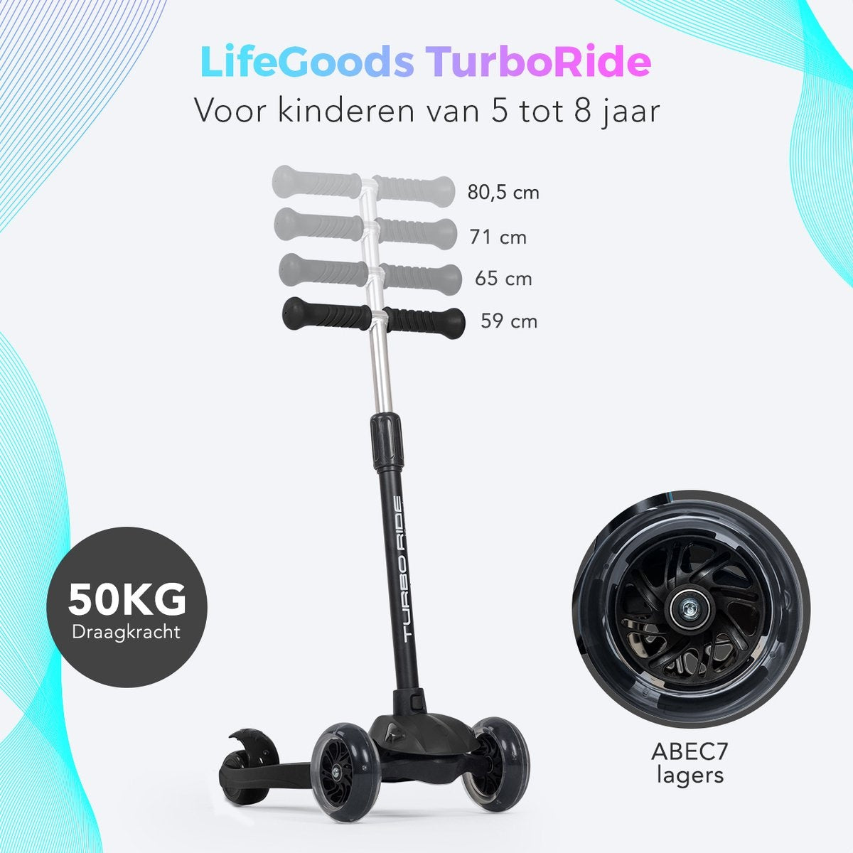 LifeGoods TurboRide Kids' Scooter - Stufe 5-8 Jahre - 3 leuchtende Räder - Jungen/Mädchen - Schwarz