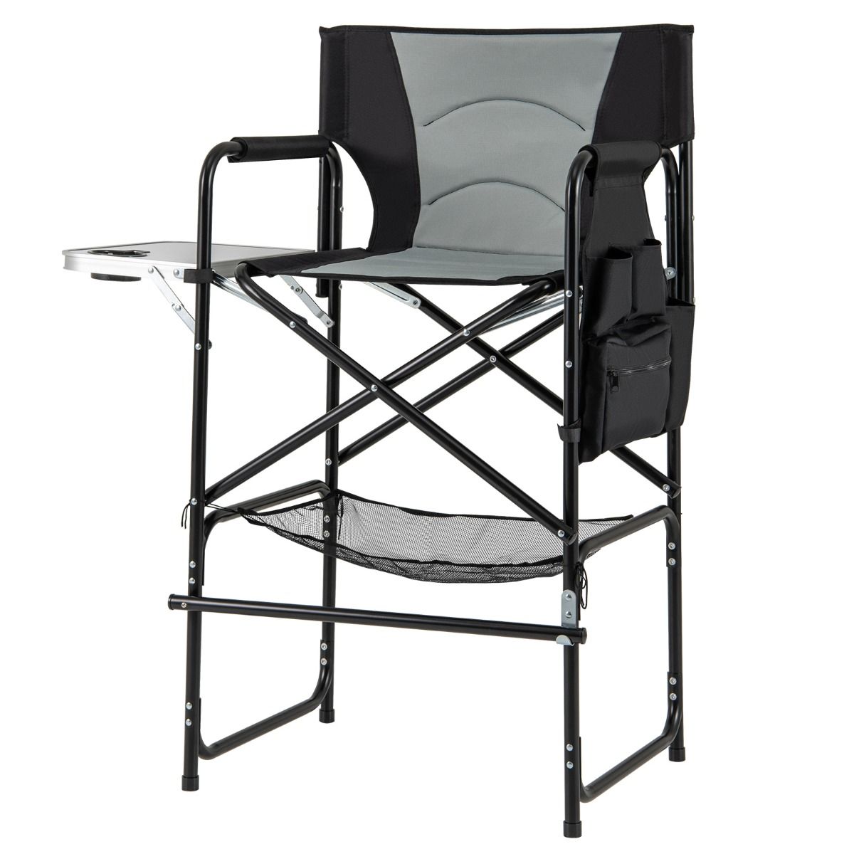 Coast Campingstuhl Klappbarer Regiestuhl mit Beistelltisch, Fußstütze und Staufächern - Schwarz/Grau - 65 x 53 x 116,5 cm