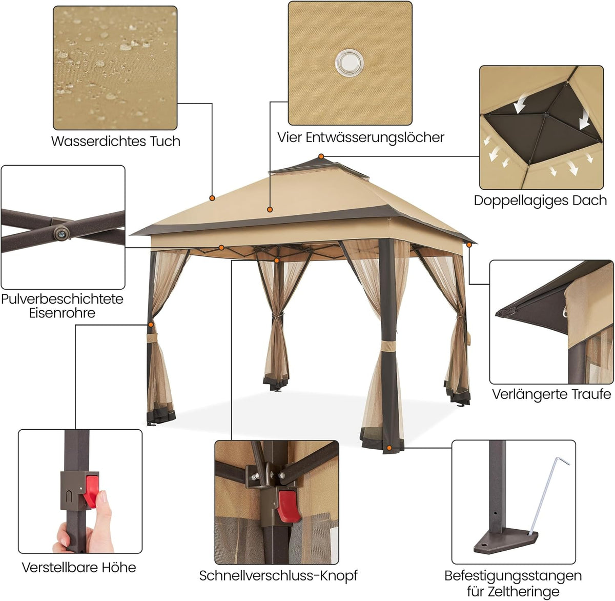 Yaheetech Pop-up-Pavillon 3,3 × 3,3 m mit 4 Netz-Seitenwänden und Tragetasche, Khaki/Braun