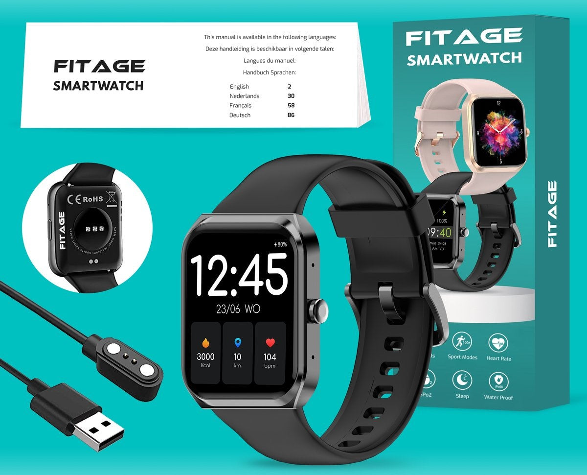 FITAGE Smartwatch - Schrittzähler - Sportuhr - Schwarz