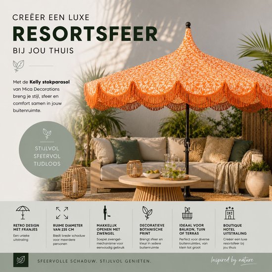 Mica Decorations Kelly Sonnenschirm mit Tragetasche – Stabsonnenschirm 238 x Ø 235 cm – Garten- oder Balkonsonnenschirm – Polyester, Stahl – Orange