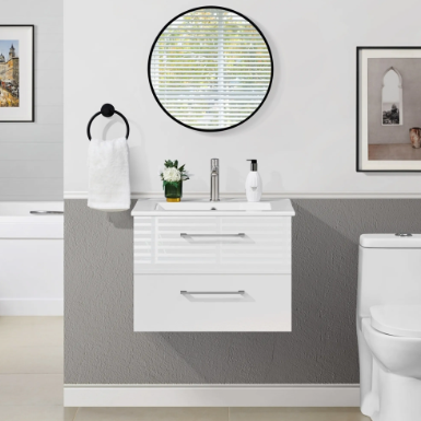 Yaheetech Badezimmerschrank mit Waschbecken – Weiß Hochglanz – 61 x 39,5 x 45,5 cm – Wandmontage, 4 Schubladen, Keramik-Waschbecken