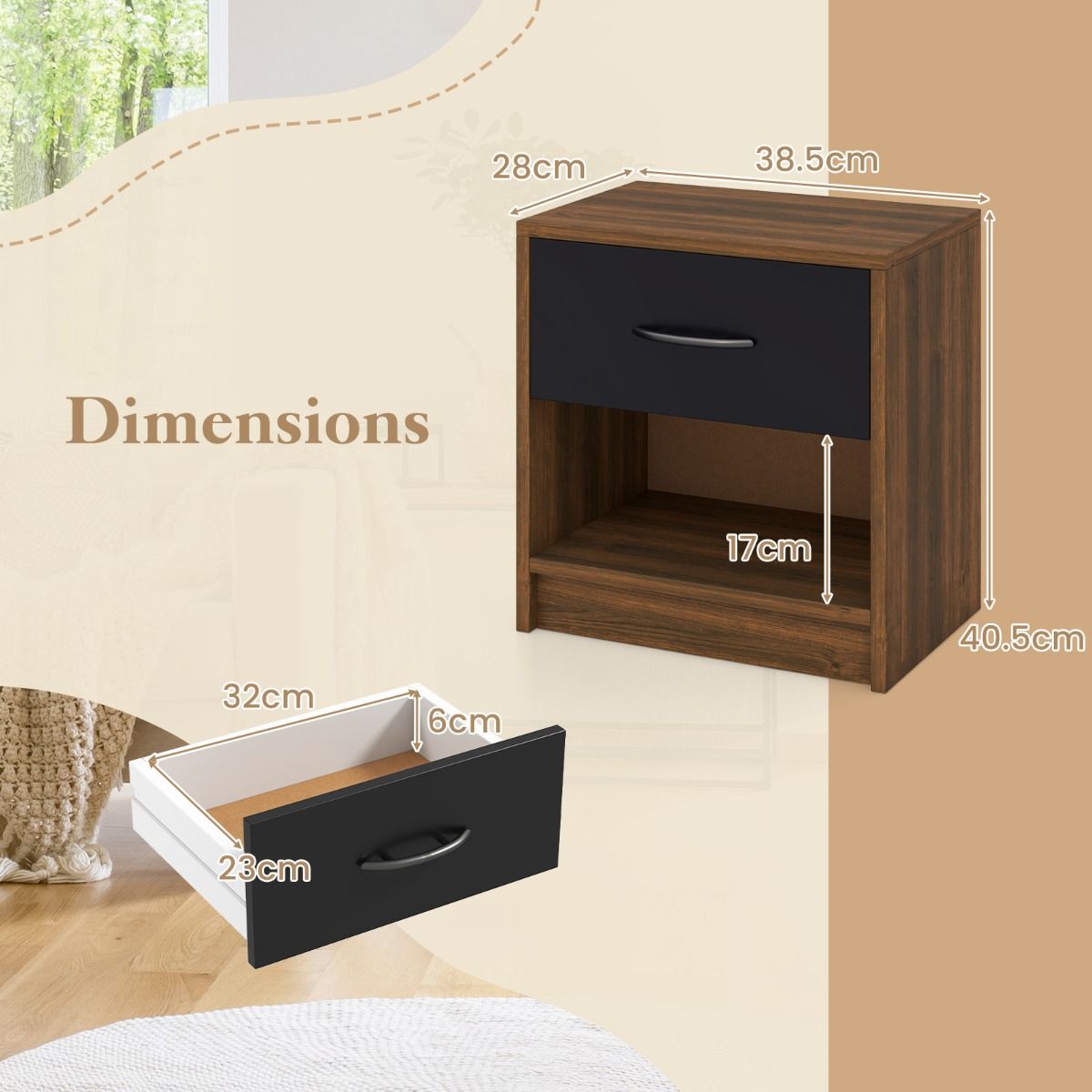 Coast Nachttisch – mit Schublade und offenem Ablagefach – kompaktes Design – braun und schwarz – 38,5 x 28 x 40,5 cm