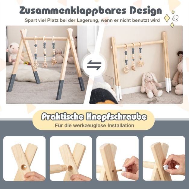 Coast Baby-Klettergerüst aus Holz – 3 Hängespielzeuge – 60 x 44 x 60 cm – Grün, Grau und Rosa