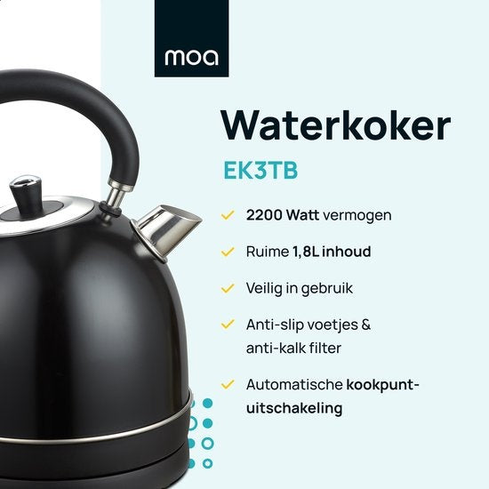 MOA Wasserkocher Retro - 2200 Watt - 1,8 Liter - Edelstahl - BPA-frei - Elektrisch - Schwarz - EK3TB