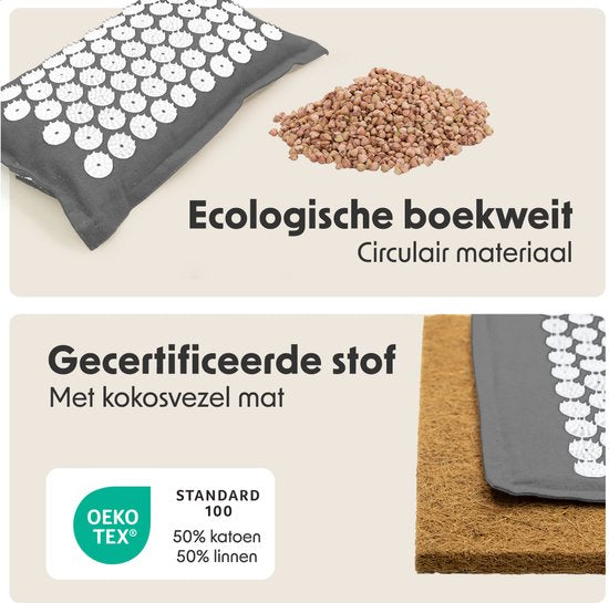 LifeGoods Akupressurmatte Eco - mit Kissen - Shakti Matte - Nagelmatte Inkl. 2x Triggerpunkt Ball und Tragetasche - 72x43x2cm - Grau/Weiß