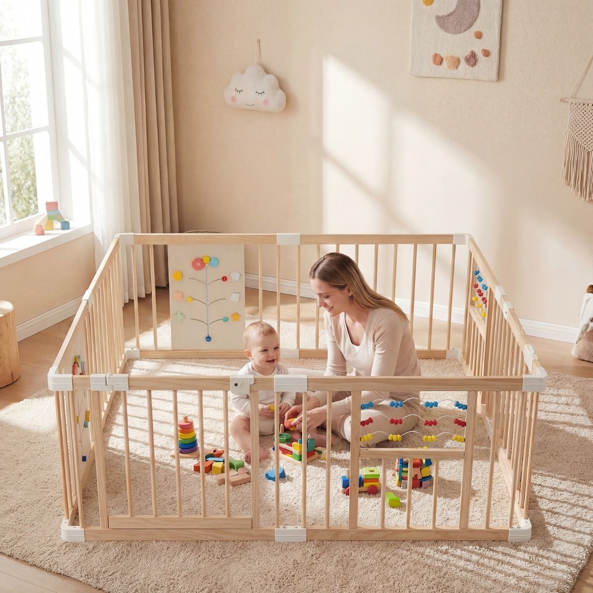 Coast Holz-Spielbox für Kleinkinder – Abschließbare Doppeltür – Verstellbarer Spielzaun – Naturfarben