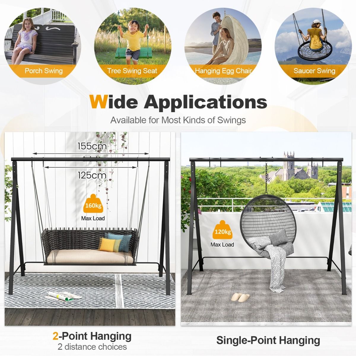 Coast Frame für Swing Bench/Hangchair - 5 Aufhängeringe - Metall Schwarz -210 x 115 x 175 cm - Max 160kg