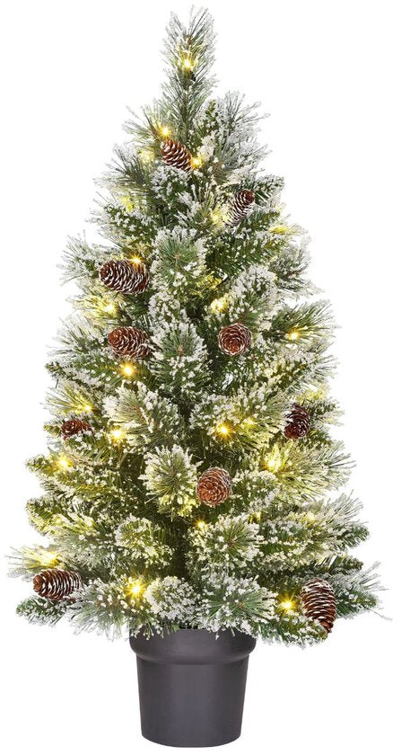 Black Box Trees Vandans Kunstweihnachtsbaum mit Beleuchtung – Weihnachtsbaum H 90 x Ø 48 cm – Kunstbaum im Topf mit verschneiten Zweigen – Grün