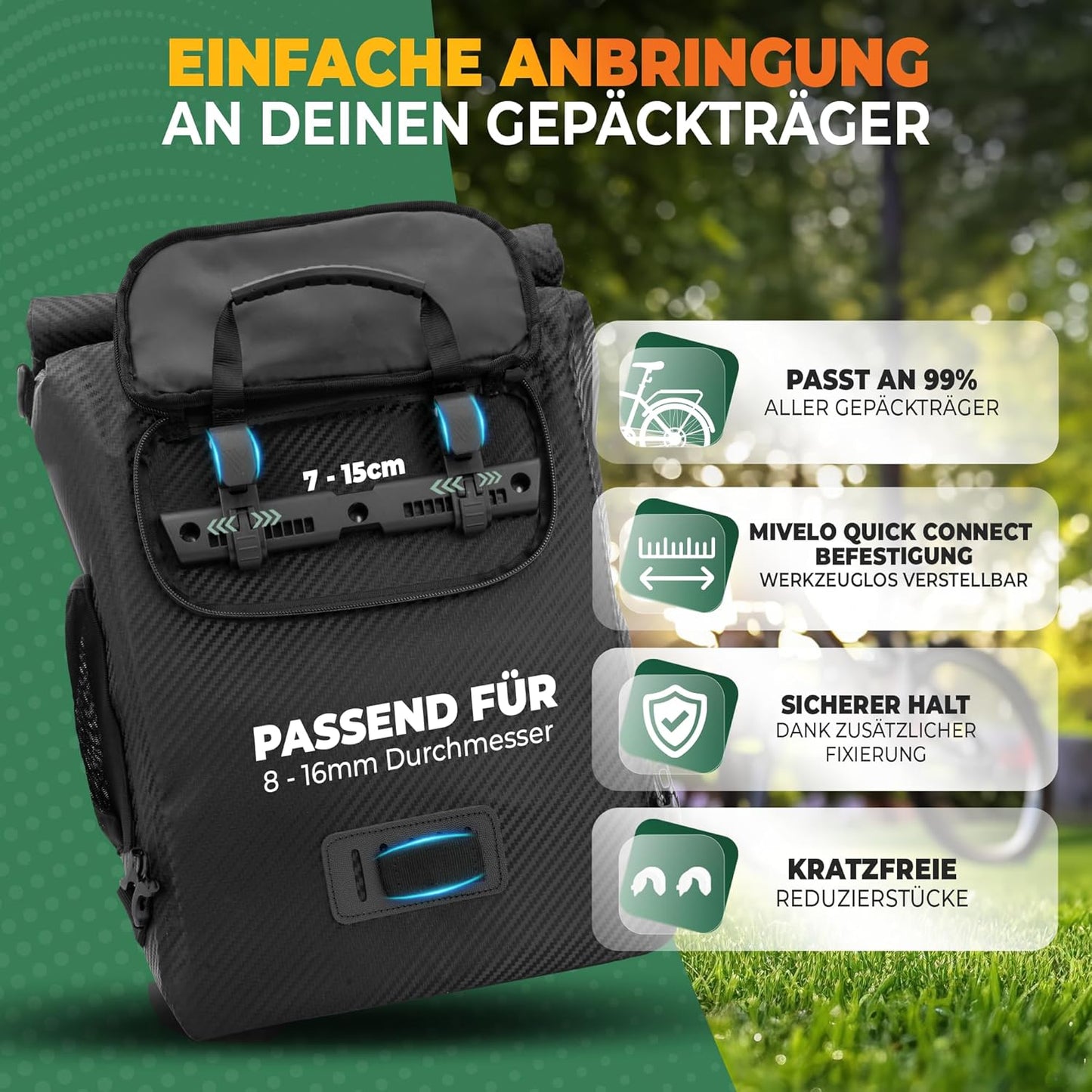 MIVELO PRIMUS - 3-in-1 wasserdichte Packtasche mit Laptopfach und Schloss - Carbon - 20 L