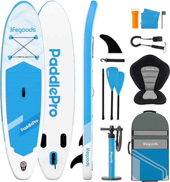 LifeGoods SUP Board All-round Compact - Mit Sitz - 100 KG Tragfähigkeit - 300 x 76 cm - Aufblasbar - Komplettes SUP Paket - Himmelblau