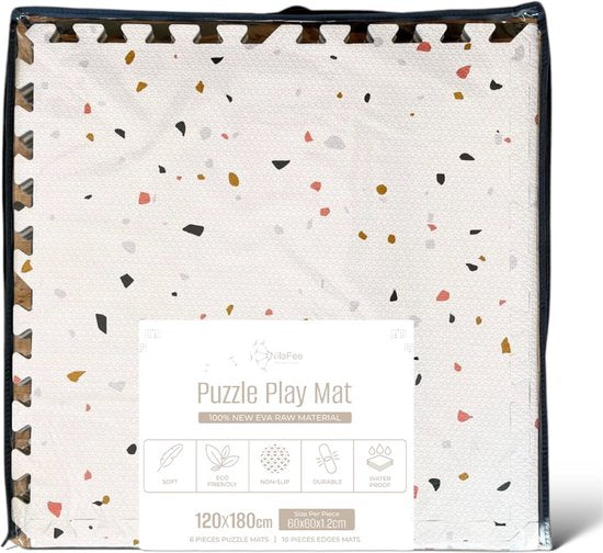NilaFee™ – Luxuriöse Spielmatte – Schaumstoff – Baby – Spielteppich – Krabbelmatte – 180 x 120 x 1,5 cm – Puzzlematte – Aufbewahrungstasche – Classic Weiß
